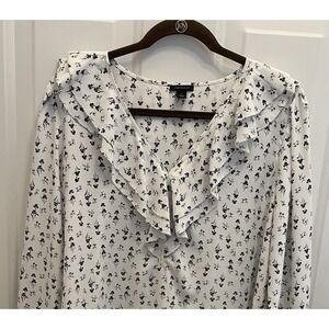 Ann Taylor White Blouse Floral‎ Ruffle Long Sleeve Womens Large Romantic Career